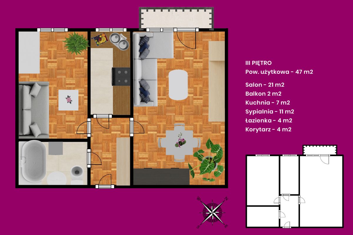 Mieszkanie 2 pokoi 47 m² Poznań, Polska